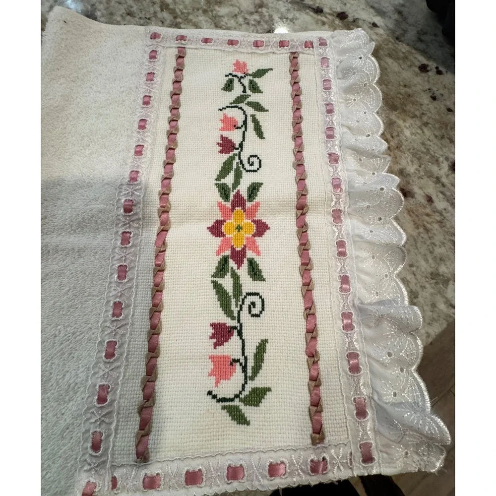 Hand Towel Embellished Cross Stitch Floral Pink Lace White Bathroom Guest Towel
